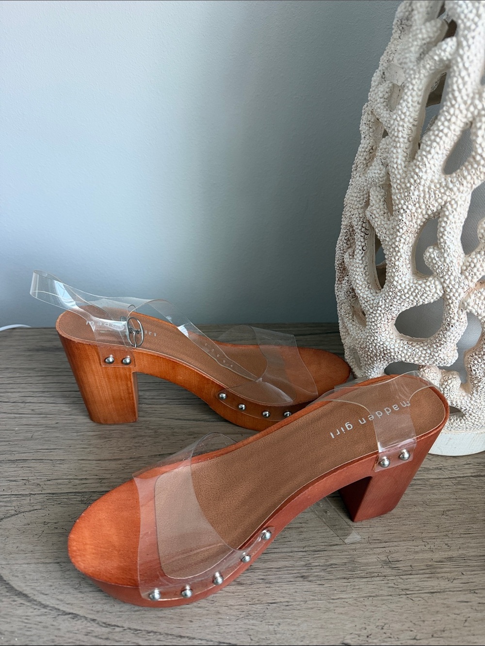 Madden Girl Clear Strap Brown Platform Clog Heels Size 10 heels approx 4”